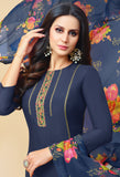 Navy Blue Chanderi Silk Embroidered Salwar Suit Material