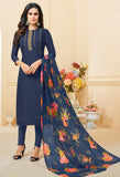 Navy Blue Chanderi Silk Embroidered Salwar Suit Material