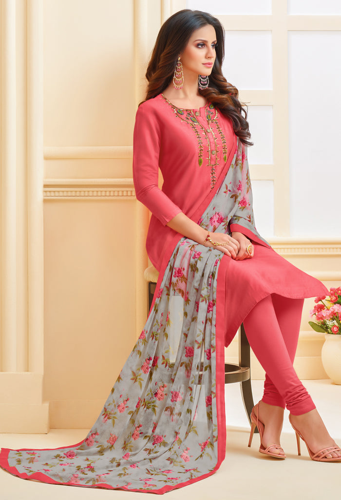 Pink Chanderi Silk Embroidered Salwar Suit Material