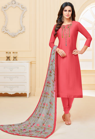 Pink Chanderi Silk Embroidered Salwar Suit Material