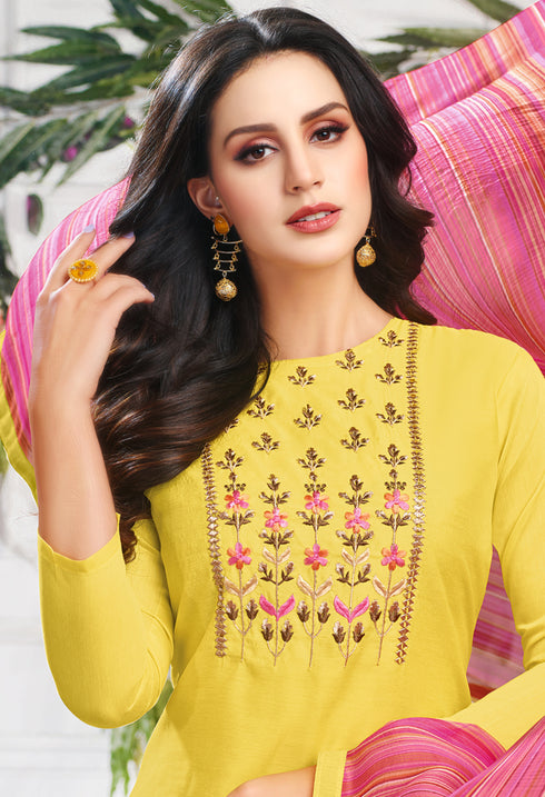 Yellow Chanderi Silk Embroidered Salwar Suit Material