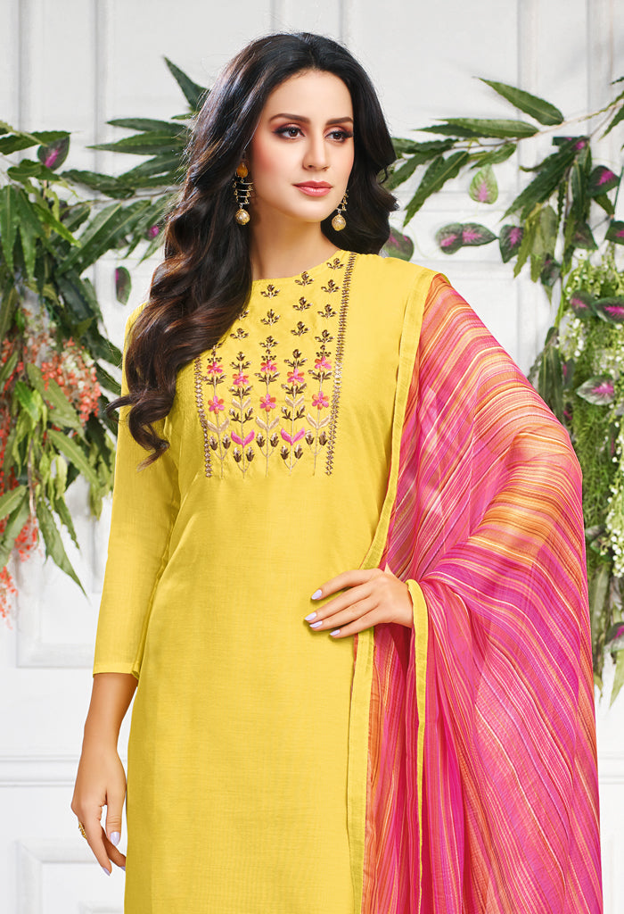 Yellow Chanderi Silk Embroidered Salwar Suit Material