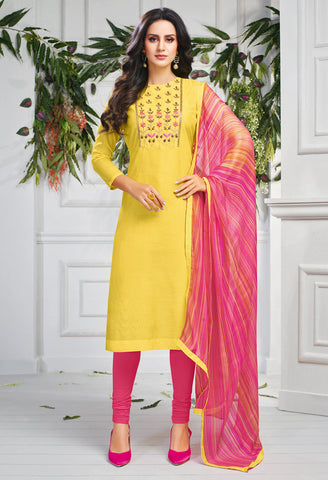 Yellow Chanderi Silk Embroidered Salwar Suit Material