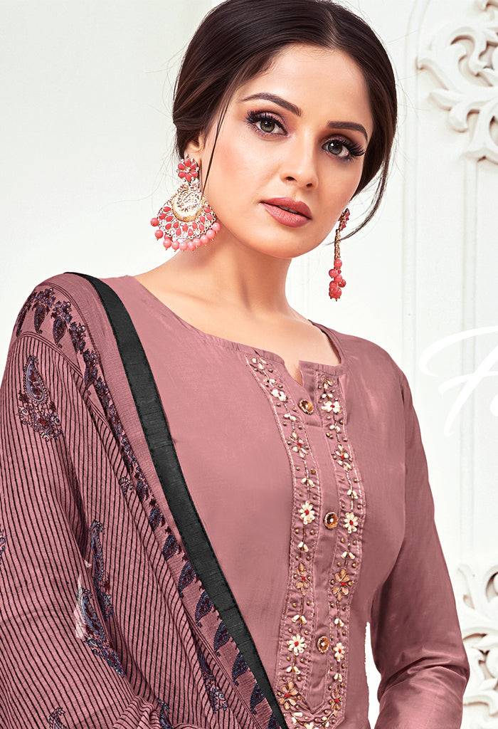 Dusty Pink Chanderi Silk Embroidered Salwar Suit Material