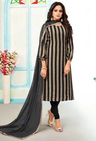 Black & Beige Chanderi Silk Sequience Salwar Suit Material