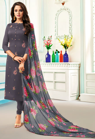 Grey Chanderi Silk Embroidered Salwar Suit Material