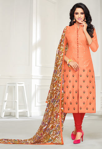 Peach Chanderi Silk Embroidered Salwar Suit Material