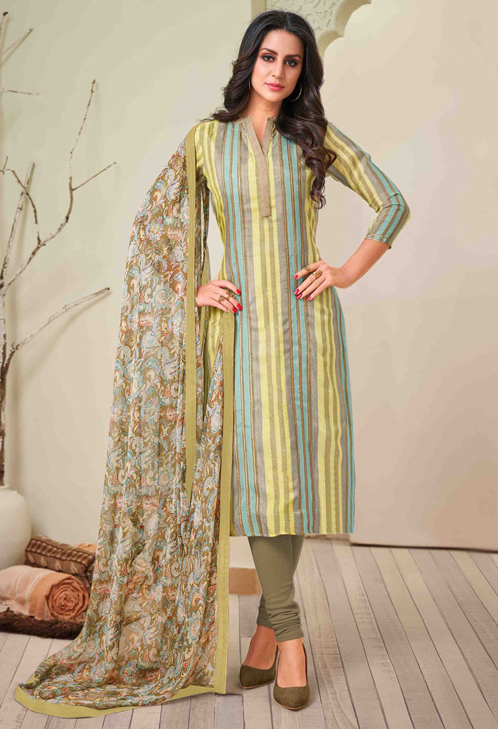Yellow & Blue Muslin Print Embroidered Salwar Suit Material