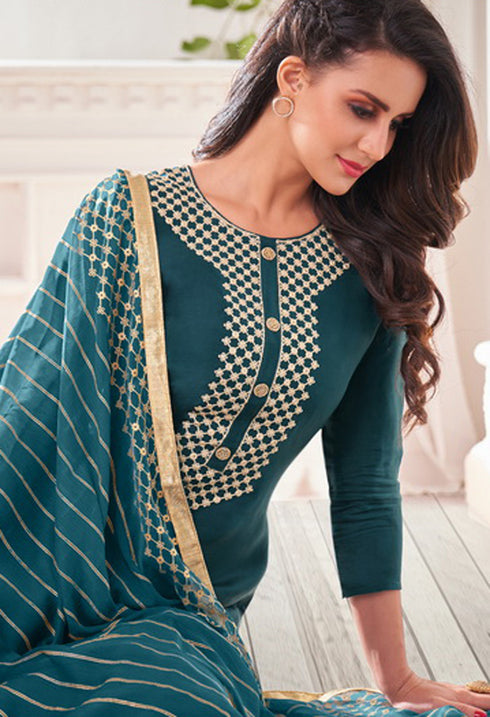 Teal Chanderi Silk Embroidered Salwar Suit Material
