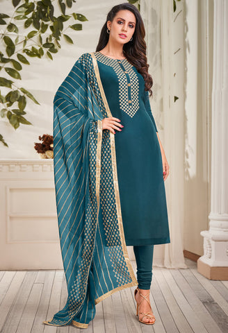 Teal Chanderi Silk Embroidered Salwar Suit Material