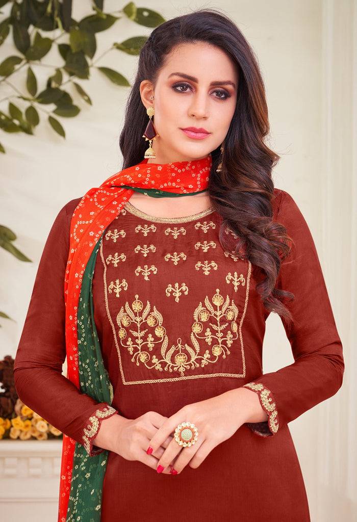 Brown Chanderi Silk Embroidered Salwar Suit Material