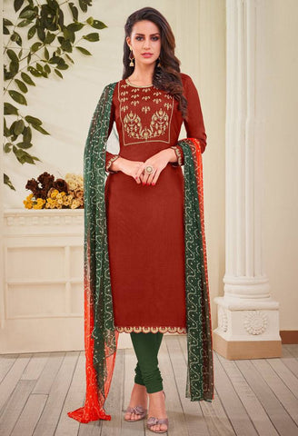 Brown Chanderi Silk Embroidered Salwar Suit Material