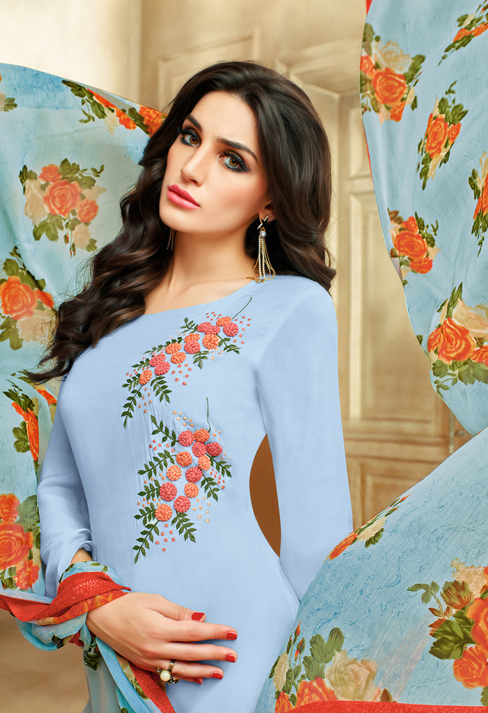 Light Blue Chanderi Silk Embroidered Salwar Suit Material