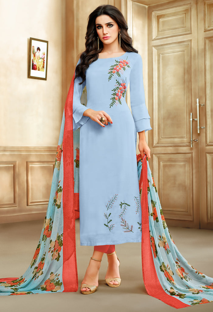 Light Blue Chanderi Silk Embroidered Salwar Suit Material