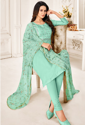 Turquoise Blue Chanderi Silk Embroidered Salwar Suit Material