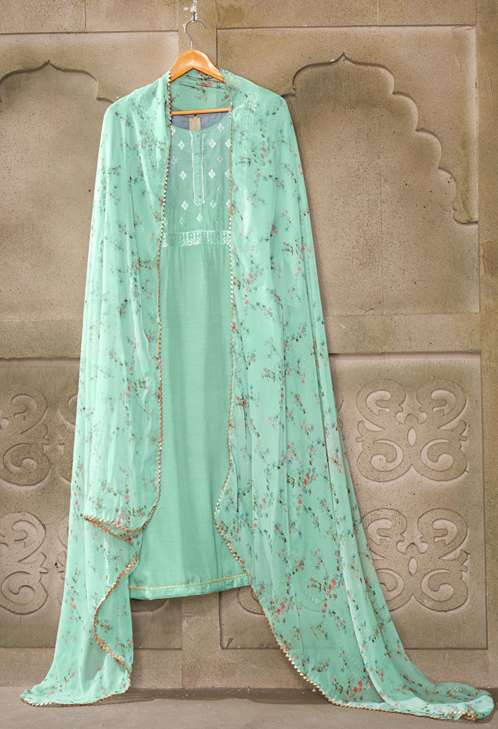Turquoise Blue Chanderi Silk Embroidered Salwar Suit Material