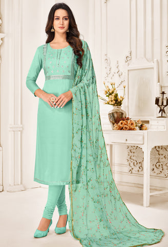 Turquoise Blue Chanderi Silk Embroidered Salwar Suit Material