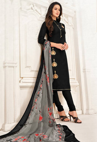 Black Chanderi Silk Embroidered Salwar Suit Material