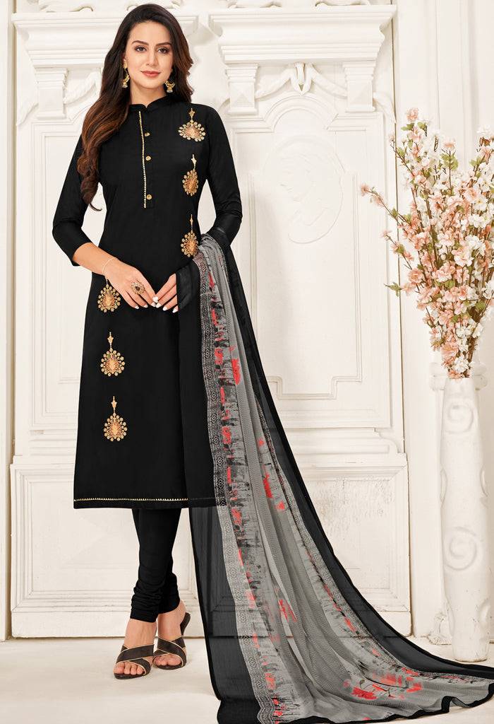 Black Chanderi Silk Embroidered Salwar Suit Material