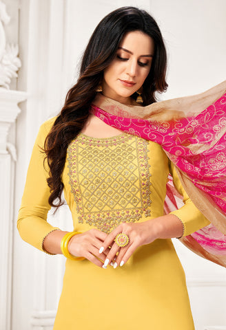 Yellow Chanderi Silk Embroidered Salwar Suit Material