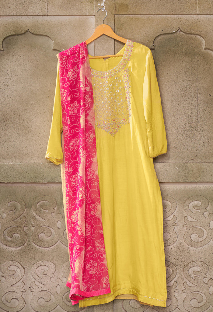 Yellow Chanderi Silk Embroidered Salwar Suit Material