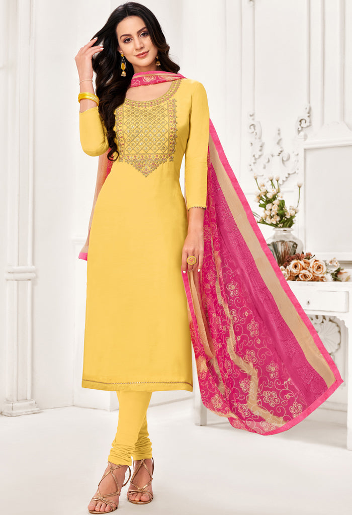 Yellow Chanderi Silk Embroidered Salwar Suit Material