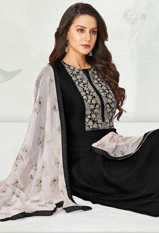 Black Chanderi Silk Embroidered Salwar Suit Material