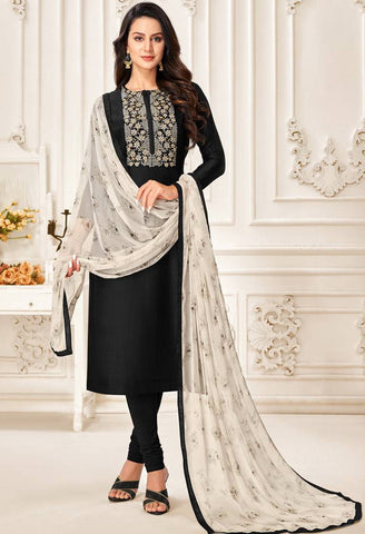 Black Chanderi Silk Embroidered Salwar Suit Material