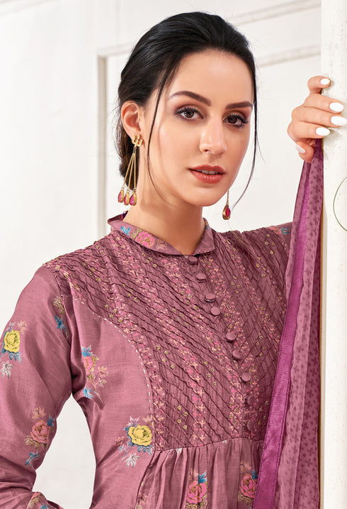 Mauve Pink Cotton Embroidered Salwar Suit Material