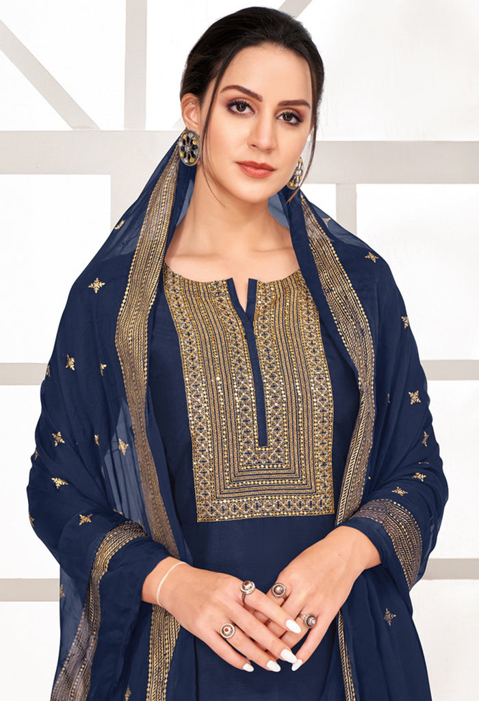 Navy Blue Chanderi Silk Embroidered Salwar Suit Material