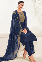 Load image into Gallery viewer, Navy Blue Chanderi Silk Embroidered Salwar Suit Material
