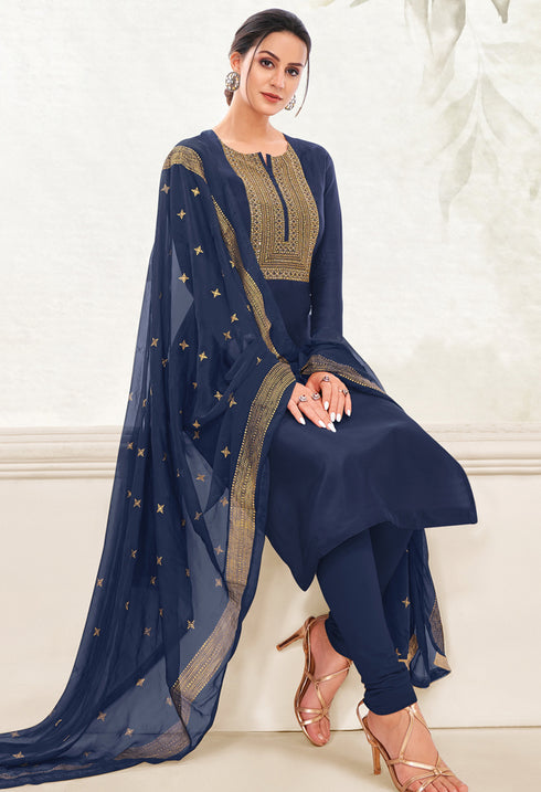 Navy Blue Chanderi Silk Embroidered Salwar Suit Material