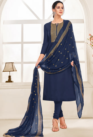 Navy Blue Chanderi Silk Embroidered Salwar Suit Material