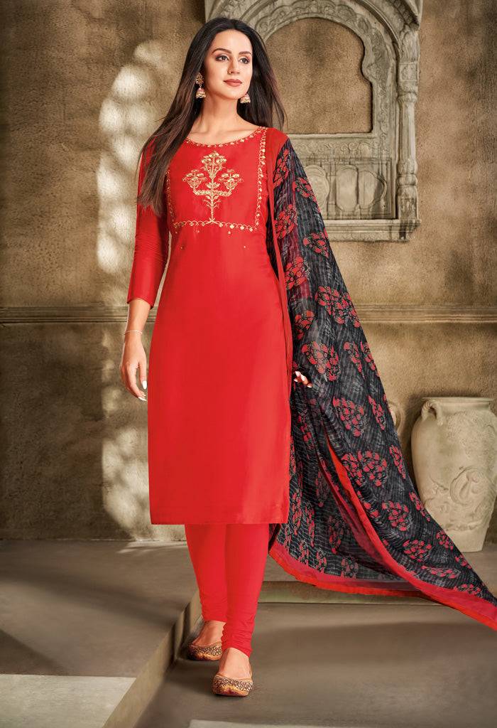 Brick Red Chanderi Silk Embroidered Salwar Suit Material