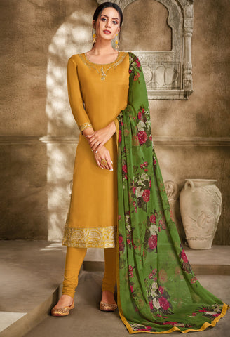 Mustard Chanderi Silk Embroidered Salwar Suit Material