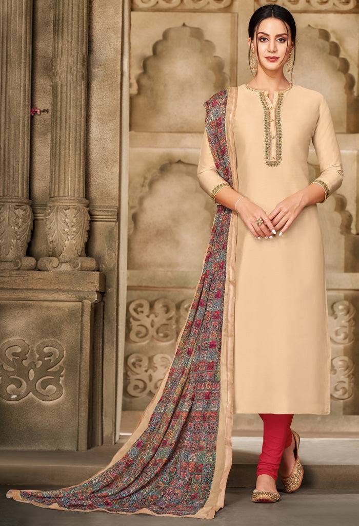 Beige Chanderi Silk Embroidered Salwar Suit Material