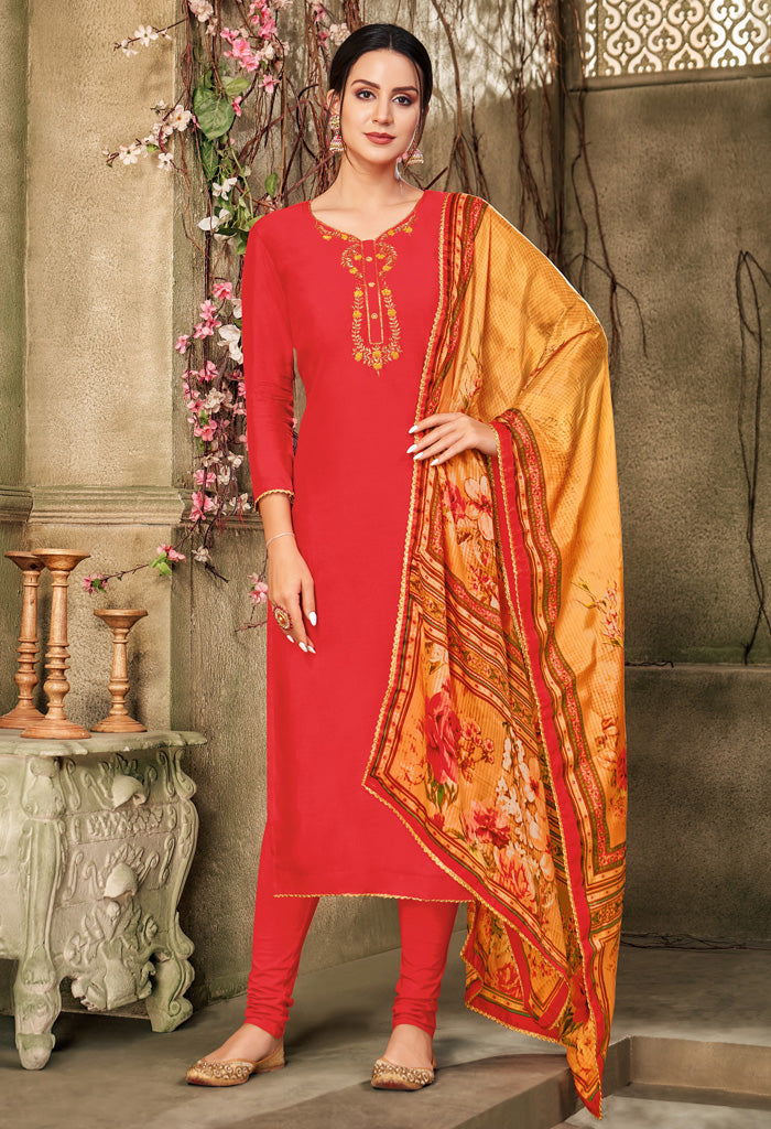 Red Chanderi Silk Embroidered Salwar Suit Material