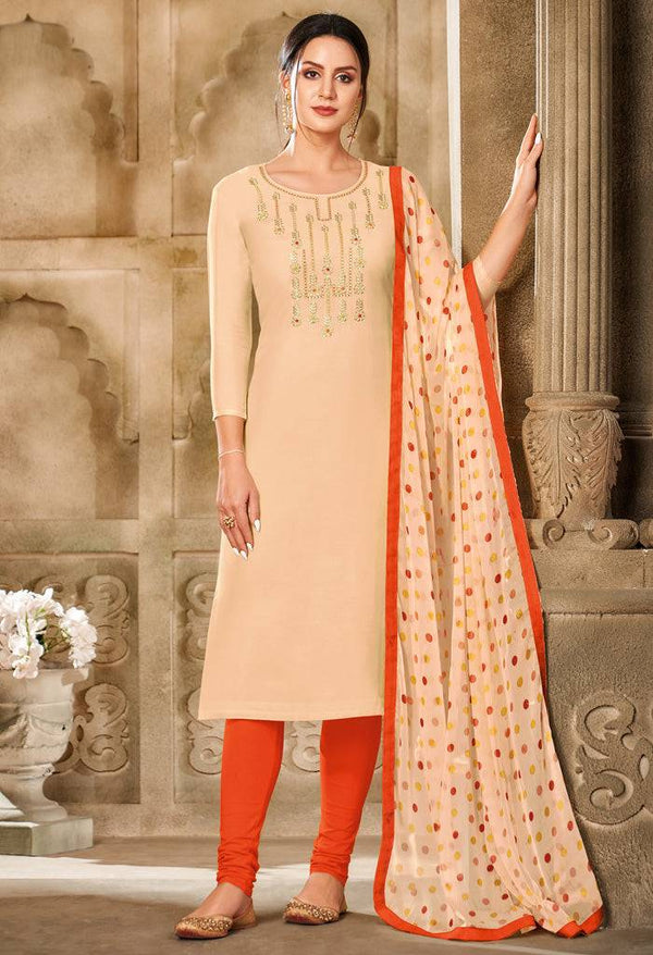 Beige Chanderi Silk Embroidered Salwar Suit Material - Rajnandini