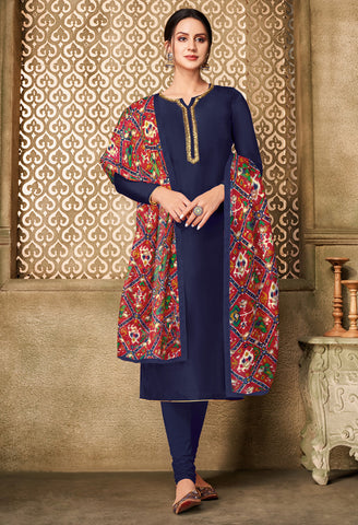 Navy Blue Chanderi Silk Embroidered Salwar Suit Material