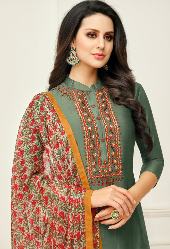 Olive Green Chanderi Silk Embroidered Salwar Suit Material