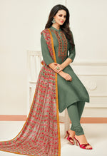 Load image into Gallery viewer, Olive Green Chanderi Silk Embroidered Salwar Suit Material