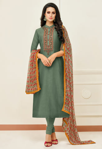 Olive Green Chanderi Silk Embroidered Salwar Suit Material