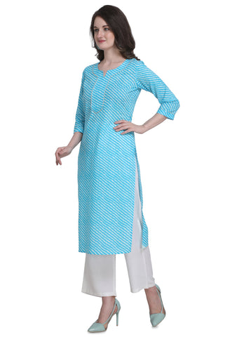 Sky Blue And White Pure Cotton Jaipuri Printed Kurti