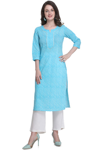 Sky Blue And White Pure Cotton Jaipuri Printed Kurti