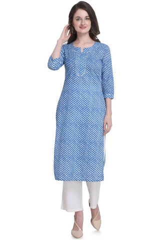 Blue And White Pure Cotton Jaipuri Printed Kurti