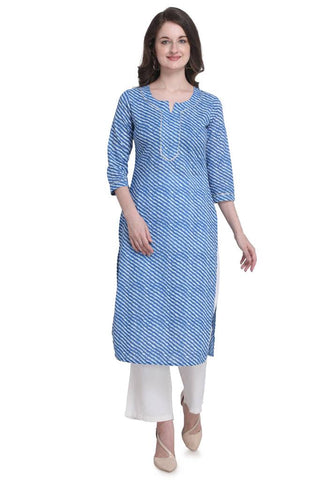 Blue And White Pure Cotton Jaipuri Printed Kurti