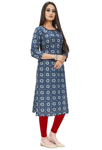 Blue And White Pure Cotton Jaipuri Printed Kurti