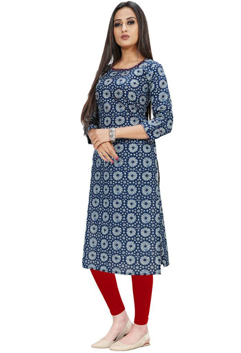 Blue And White Pure Cotton Jaipuri Printed Kurti