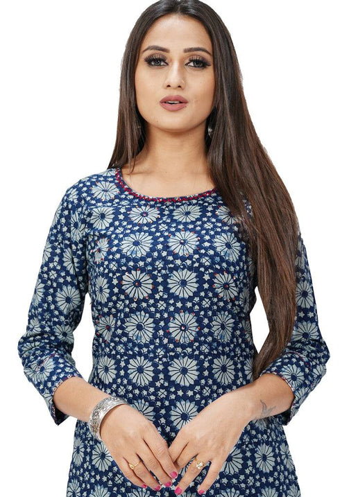 Blue And White Pure Cotton Jaipuri Printed Kurti
