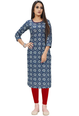 Blue And White Pure Cotton Jaipuri Printed Kurti